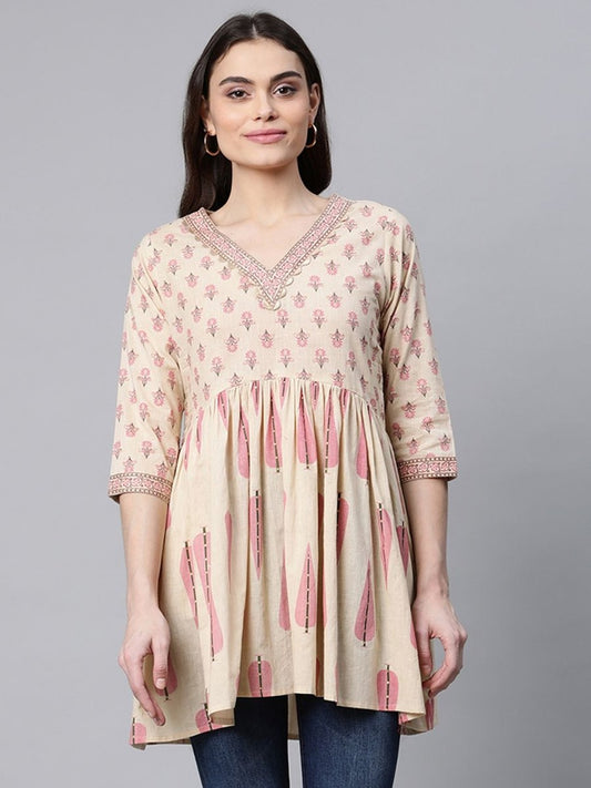 Ahalyaa Women Beige Pure Cotton Printed Tunic | Swadesiicart