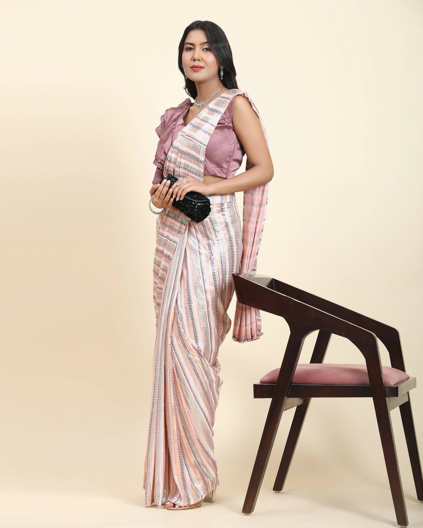 Peach Pure Georgette Sequence work Ready to wear Saree with stitched Blouse - Satiksha | Swadesiicart