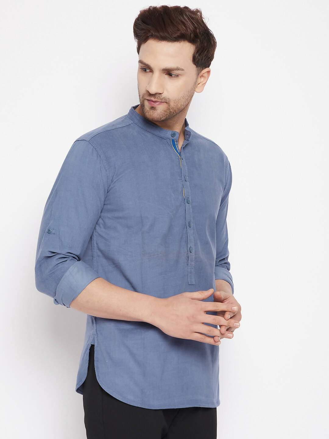 Even Apparels Blue Color Pure Cotton Short Men's Kurta With Band Collar | Swadesiicart