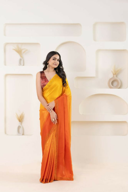 Yellow Satin Pedding Designer, Printed Party Wear Ready To Wear Saree - Femina | Swadesiicart