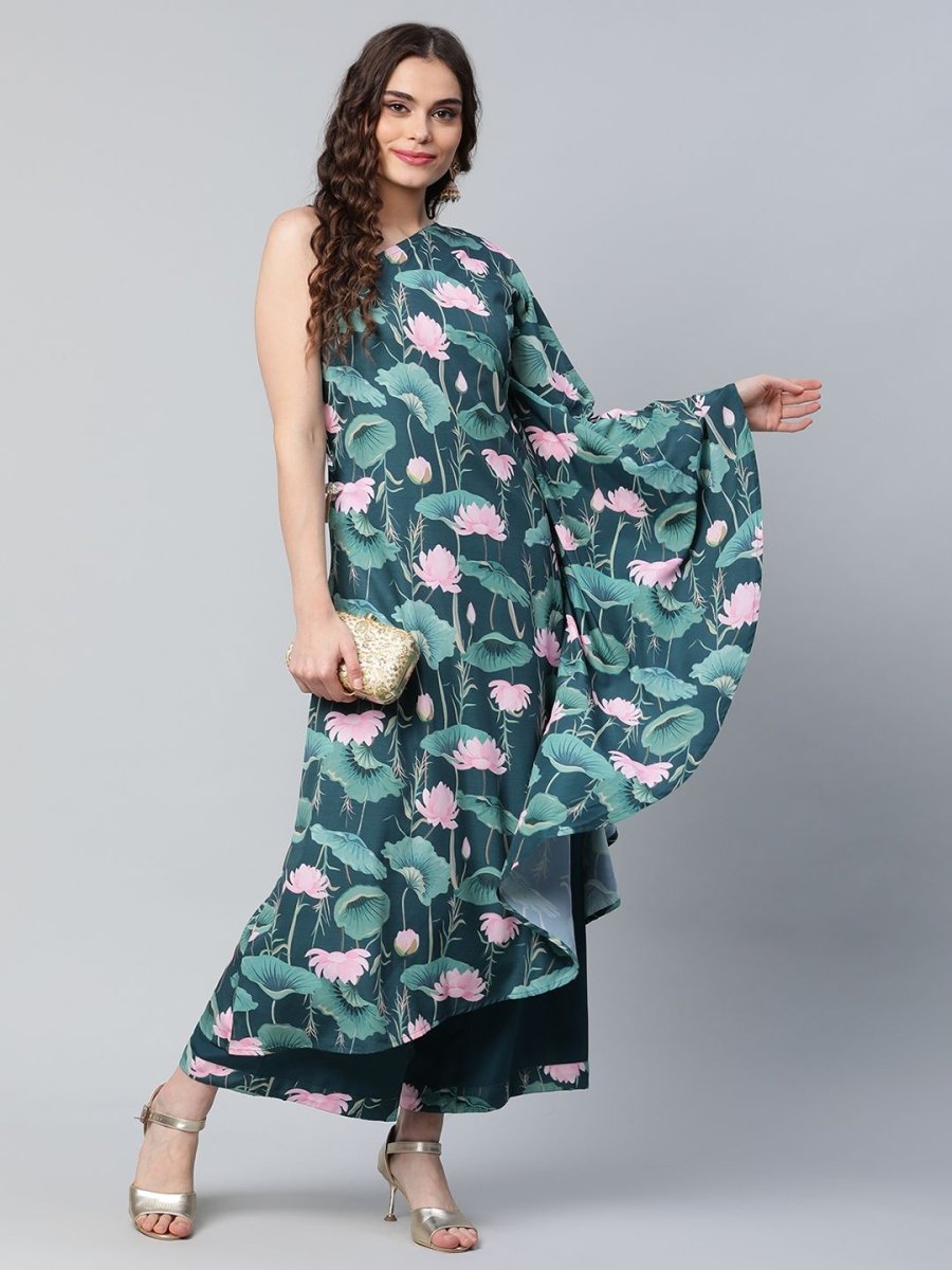 Ahalyaa Women Green Crepe Floral Printed Kurta with Palazzo Set | Swadesiicart