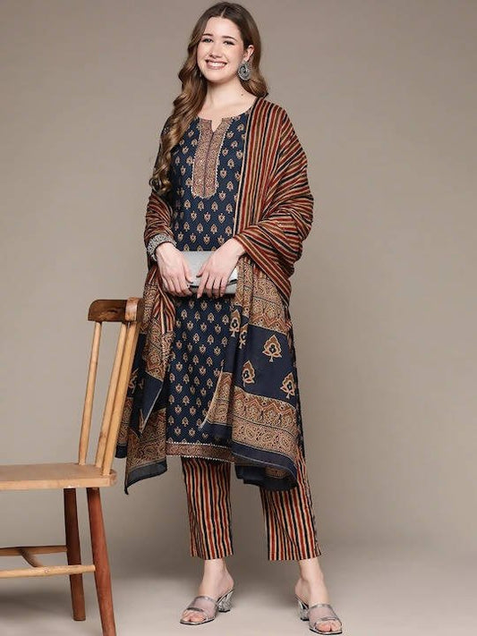 Anubhutee Navy Blue Printed Gotta Patti Pure Cotton Kurta with Trousers & Dupatta | Swadesiicart