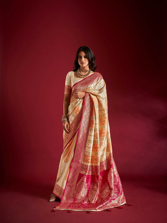 Joban Fashion Cream & Orange Plain With Weaving Border Banarasi Silk Sarees | Swadesiicart