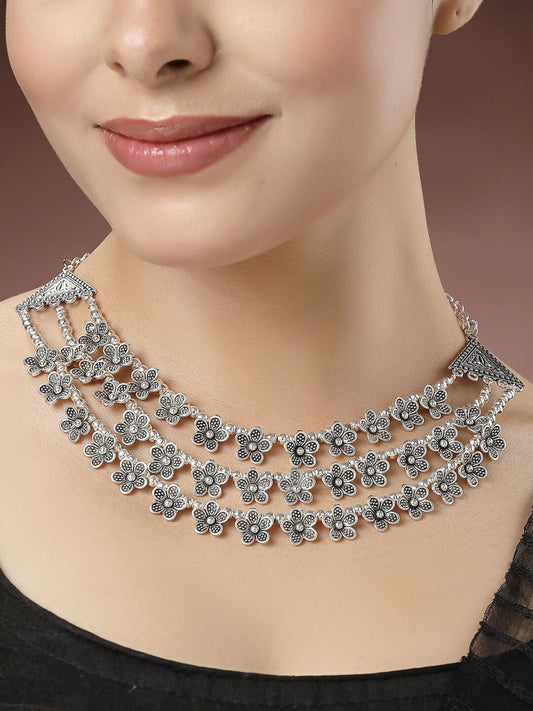NVR Women's 3 Layered Floral Shape Artificial Beads German Silver Oxidised Necklace | Swadesiicart