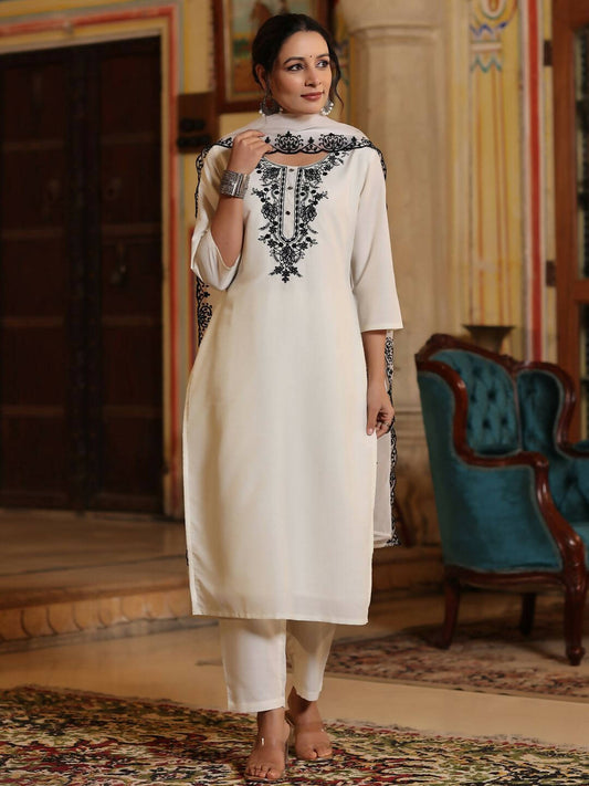 Juniper Women's White Chinnon Solid Embroidered Kurta Set | Swadesiicart