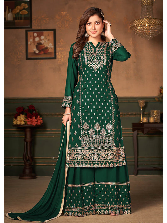 Myra Green Faux Georgette Embroidered Sharara Suit | Swadesiicart