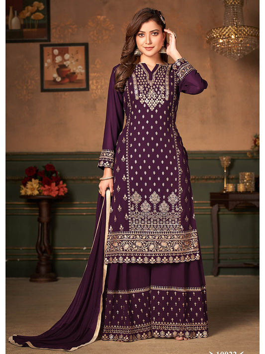 Myra Wine Faux Georgette Embroidered Sharara Suit | Swadesiicart