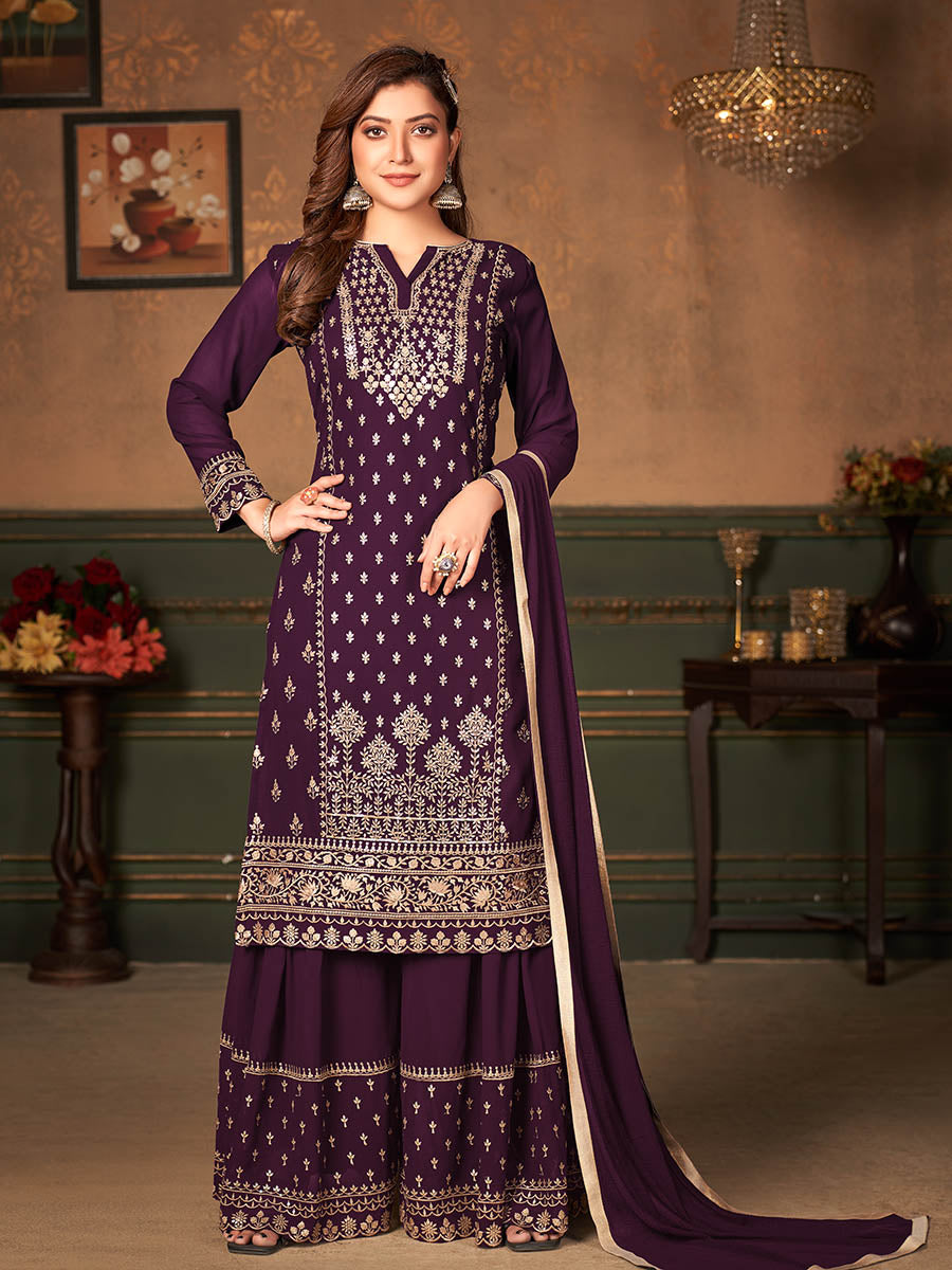 Myra Wine Faux Georgette Embroidered Sharara Suit | Swadesiicart