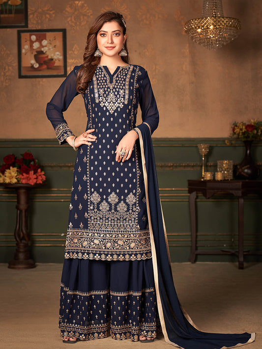 Myra Navy Blue Faux Georgette Embroidered Sharara Suit | Swadesiicart