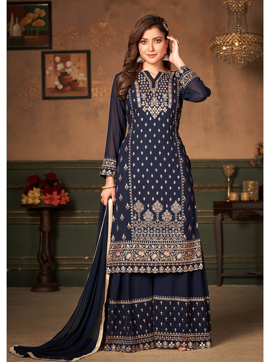Myra Navy Blue Faux Georgette Embroidered Sharara Suit | Swadesiicart