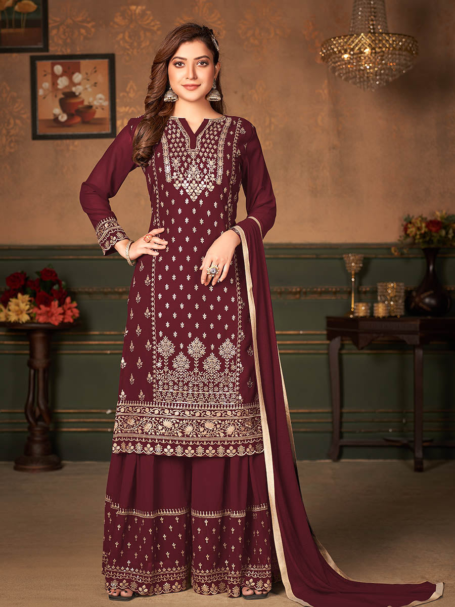 Myra Maroon Faux Georgette Embroidered Sharara Suit | Swadesiicart