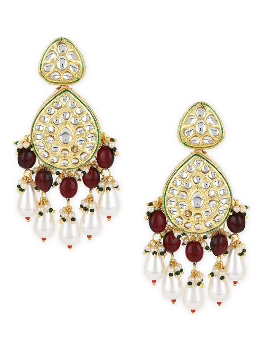 Gold-Toned White Kundan Contemporary Gold-Polished Jhumkas Earrings - Ruby Raang | Swadesiicart