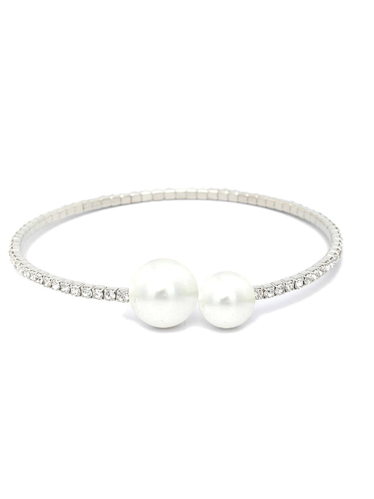 Priyaasi Women American Diamond Perals Silver Plated Circle Cuff Bracelet - Swadesiicart