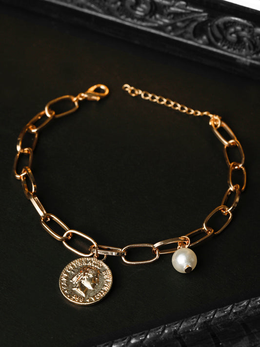 Priyaasi Women White Pearls Rose Gold-Polished Coin Link Bracelet - Noz2Toz