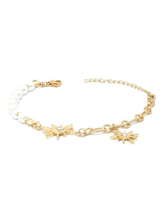 Priyaasi Women White American Diamond Pearls Gold-Polished Star Link Bracelet - Swadesiicart