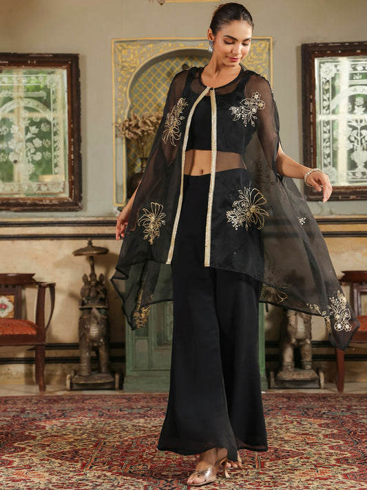 Janasya Black Georgette Solid Top Bottom Cape | Swadesiicart