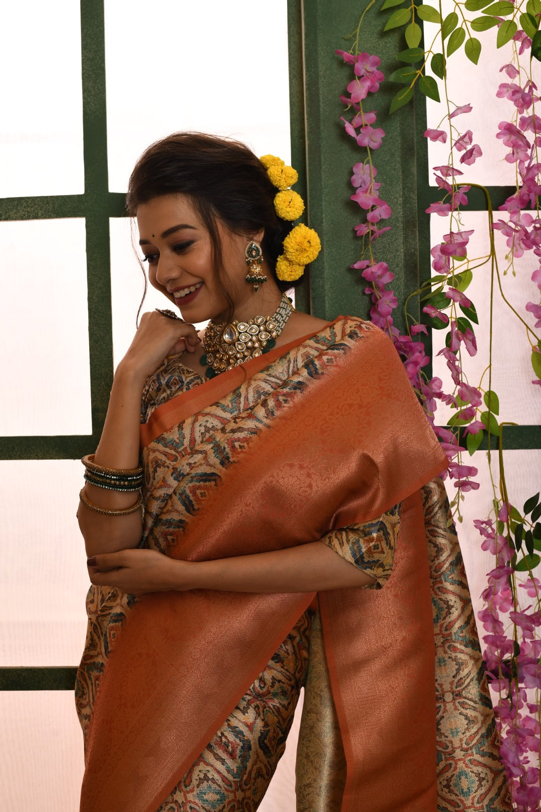 Vishnu Weaves Women's Orange Banarasi Silk Zari Woven Patola Saree with Blouse - Swadesiicart