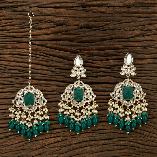 Joban Fashion Women Kundan Pearl, Onyx Stone Golden White Green Earring Tika