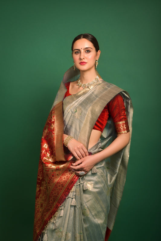 Vishnu Weaves Women's Chiku Tussar Silk Zari Woven Saree with Blouse - Swadesiicart