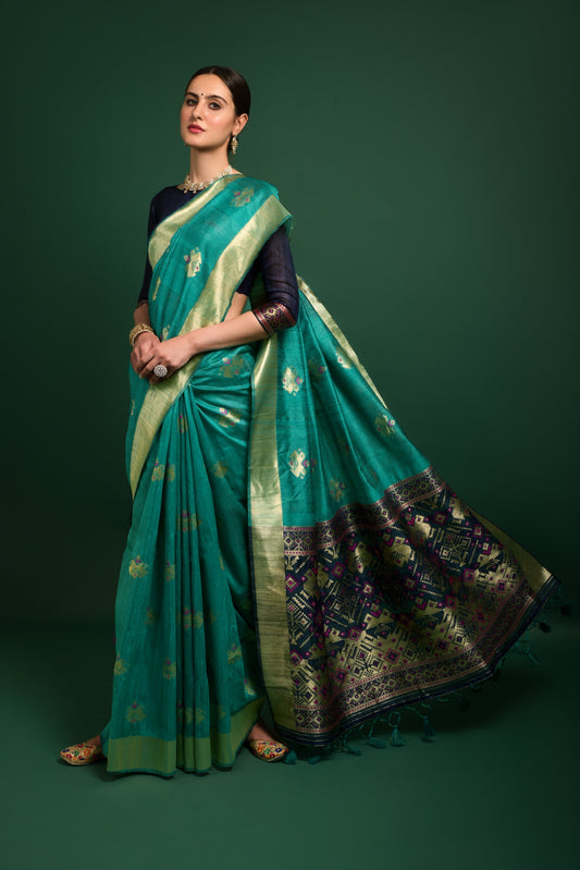 Vishnu Weaves Women's Rama Tussar Silk Zari Woven Saree with Blouse - Swadesiicart