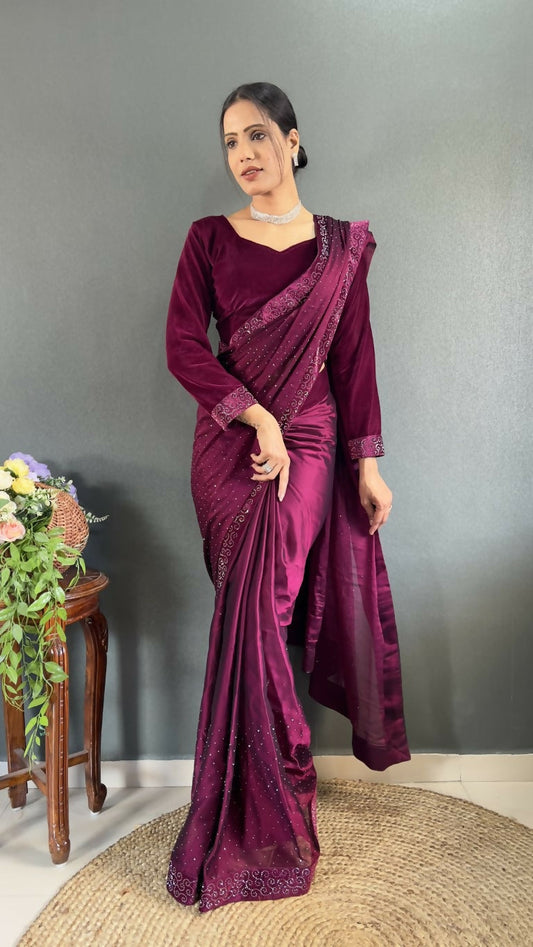 Vastranavya Wine Rangoli Silk Swarovski work Ready to Wear Saree | Swadesiicart