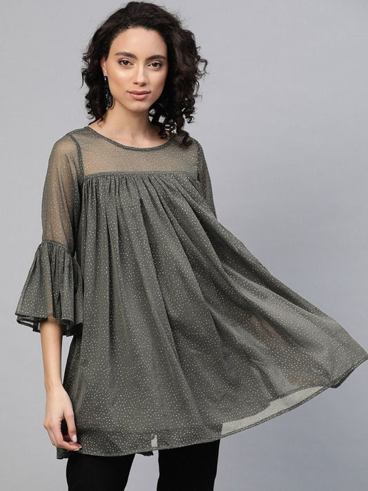 Ahalyaa Women Grey Chiffon Silver Glitter Printed Tunic | Swadesiicart