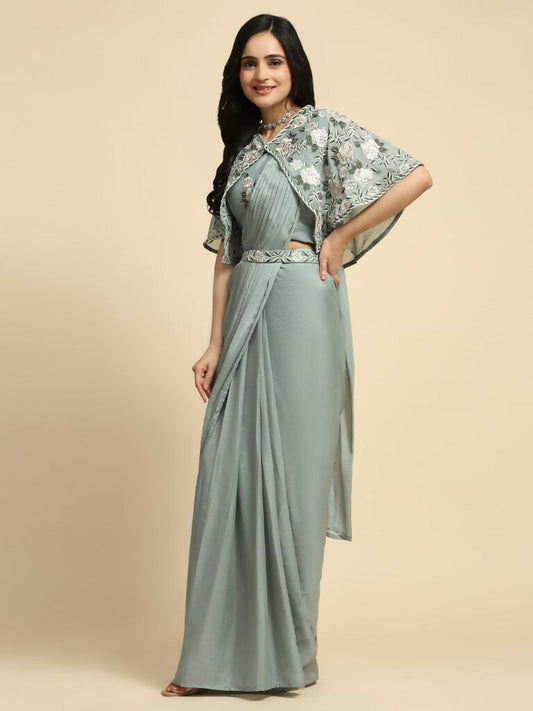 Sea Green Chiffon Solid Ready to wear Saree with stitched Blouse - Aayan | Swadesiicart