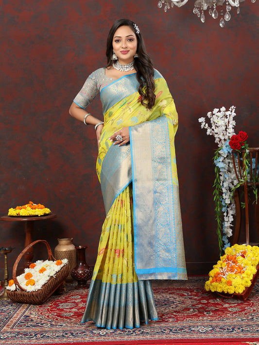 Lorenvalley Fashion Yellow Cotton Woven Design Zari Meenakari Weaving Saree - Swadesiicart