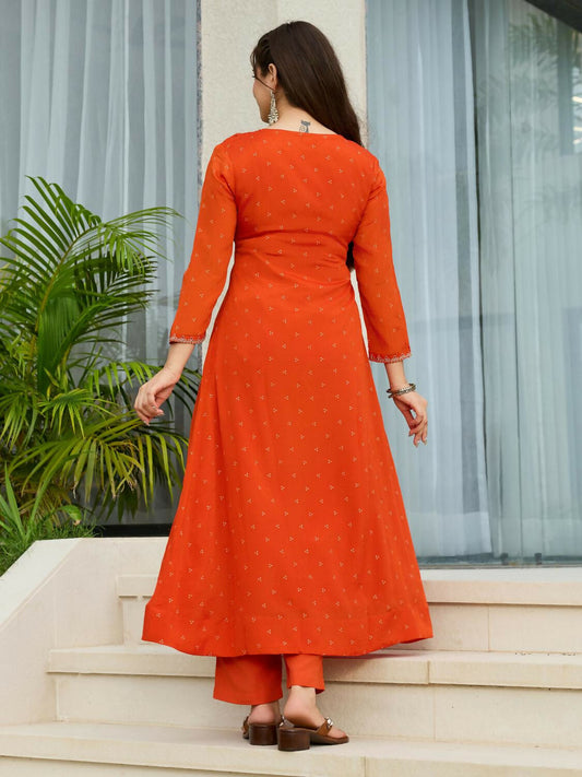 The52 Orange Women's Gorgeous Embroidered Chinon Fabric Flared Kurta Pant and Dupatta Set - Swadesiicart
