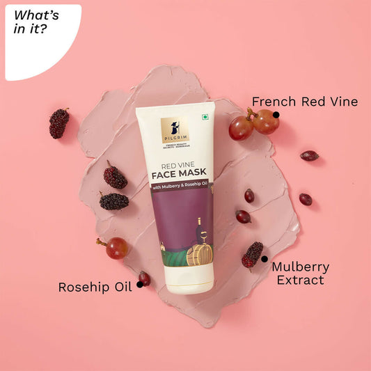 Pilgrim Anti Ageing Red Vine Face Mask with Mulberry Extracts & Rosehip Oil For Glowing Skin, De-Tan, Dark Spots, Blackheads Removal - Swadesiicart