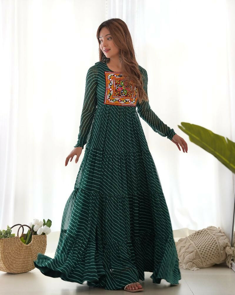 Joban Fashion Bottle Green Kurta Set Chanderi Sequence Embroidery Work
