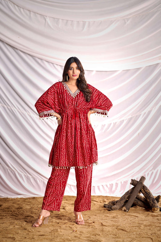 BulBul Women Red Bandhani Printed Co-ord Set - Swadesiicart