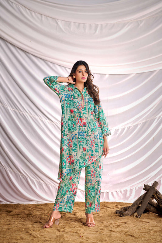 BulBul Women Aqua Green Abstract Printed Co-ord Set - Swadesiicart