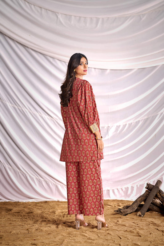 BulBul Women Peach Embroidered Paisley Printed Co-ord Set - Swadesiicart
