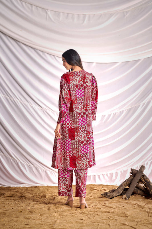 BulBul Women Red and Cream Mixed Pattern Digital Printed Co-ord Set - Swadesiicart