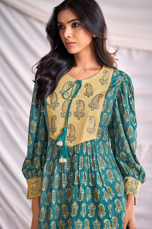 BulBul Women Blue Embroidered Paisley Printed Co-ord Set - Swadesiicart