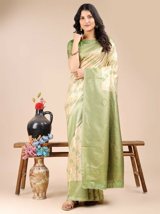 Astita Aura Silk Cream Light Green Banarasi Silk Saree | Swadesiicart