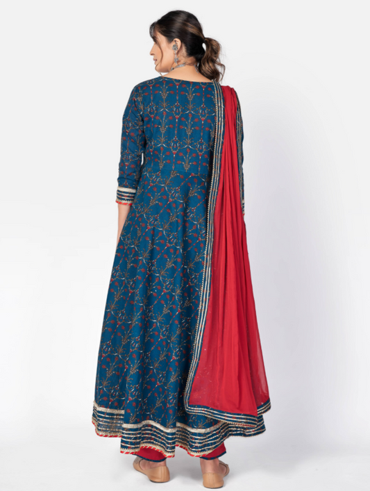 NOZ2TOZ Women Dark Blue Anarkali Cotton Kurta With Pant & Dupatta (3Pcs Set) - Swadesiicart