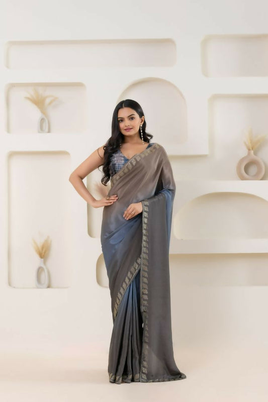 Grey Satin Pedding Designer, Printed Party Wear Ready To Wear Saree - Femina | Swadesiicart