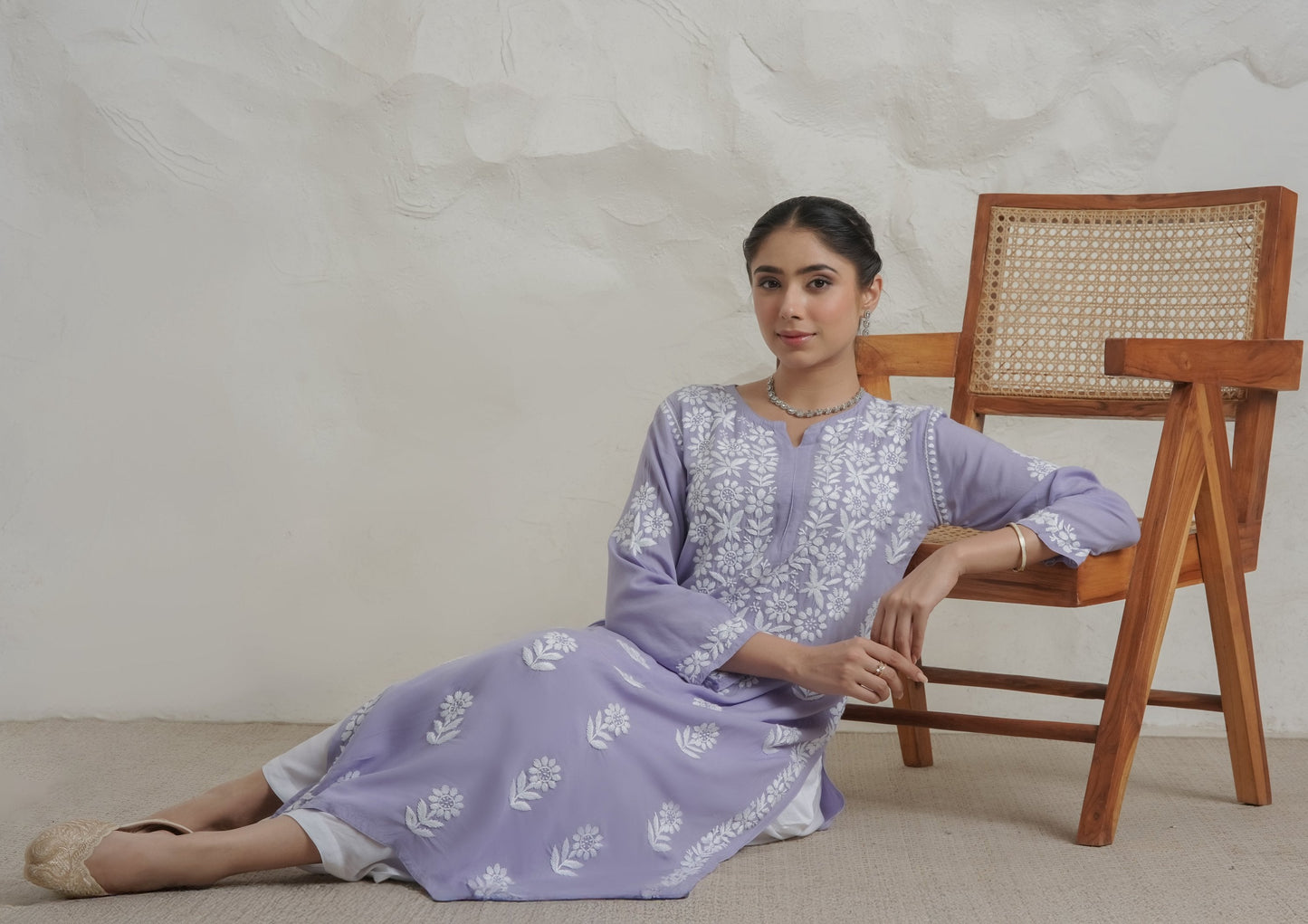 Gharana India Modal Lavender Coloured Chikankari Kurta | Swadesiicart