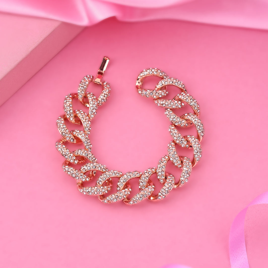 Estele Rose Gold-Polished Exquisite Cuban Bracelet with Stunning White Crystals for Women - Swadesiicart