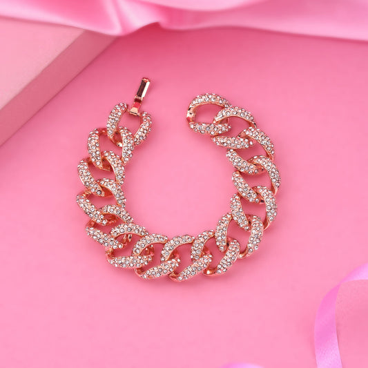 Estele Rose Gold-Polished Exquisite Cuban Bracelet with Stunning White Crystals for Women