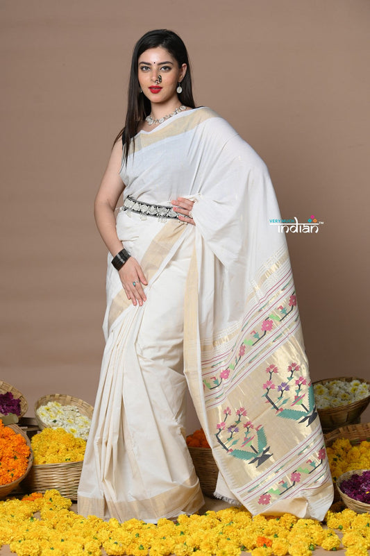 Very Much Indian Rajsi - Handloom Pure Cotton Paithani With Asawali Pallu - White Golden | Swadesiicart