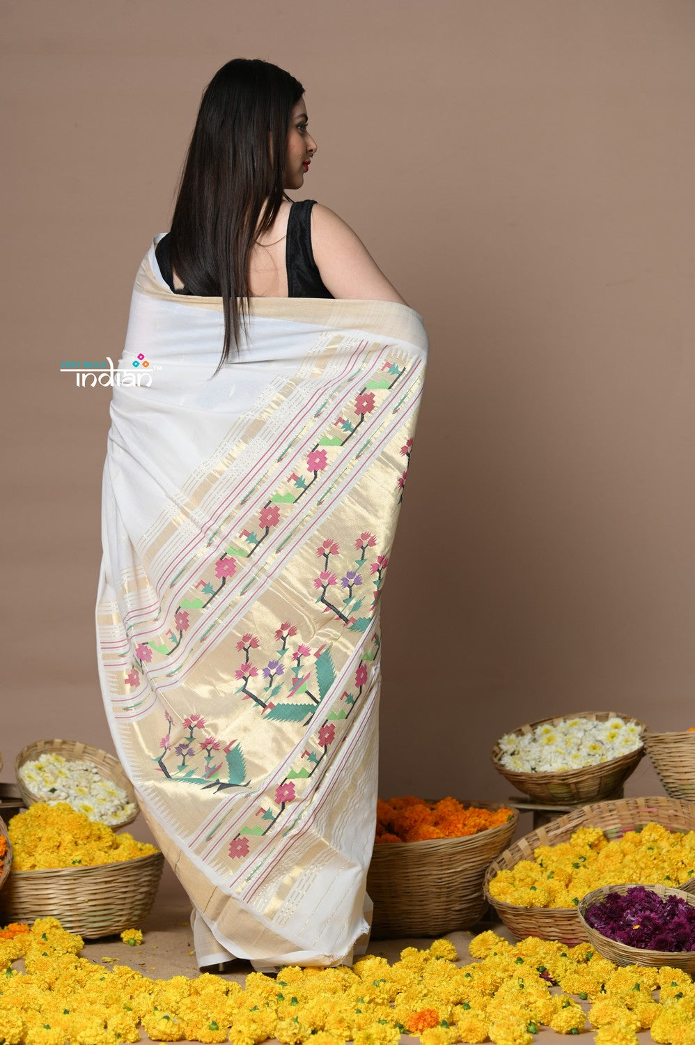 Very Much Indian Rajsi - Handloom Pure Cotton Paithani With Asawali Pallu - White Golden | Swadesiicart