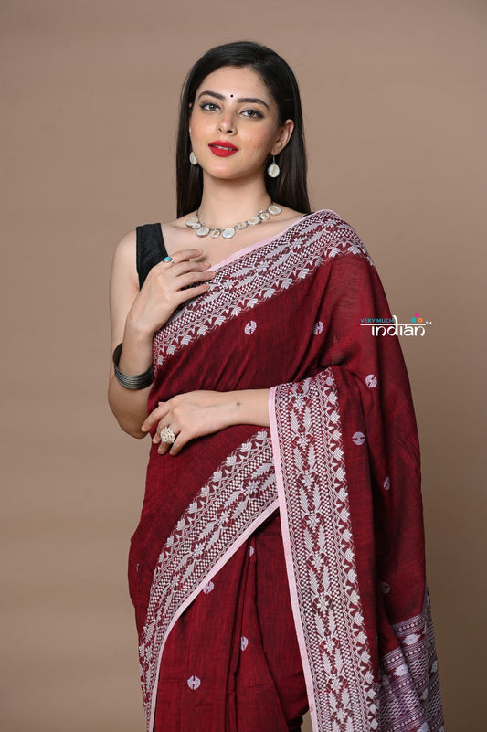 Very Much Indian Rajsi - Handloom Pure Cotton Saree with Hand-embroidered Symmetric Border - Maroon | Swadesiicart