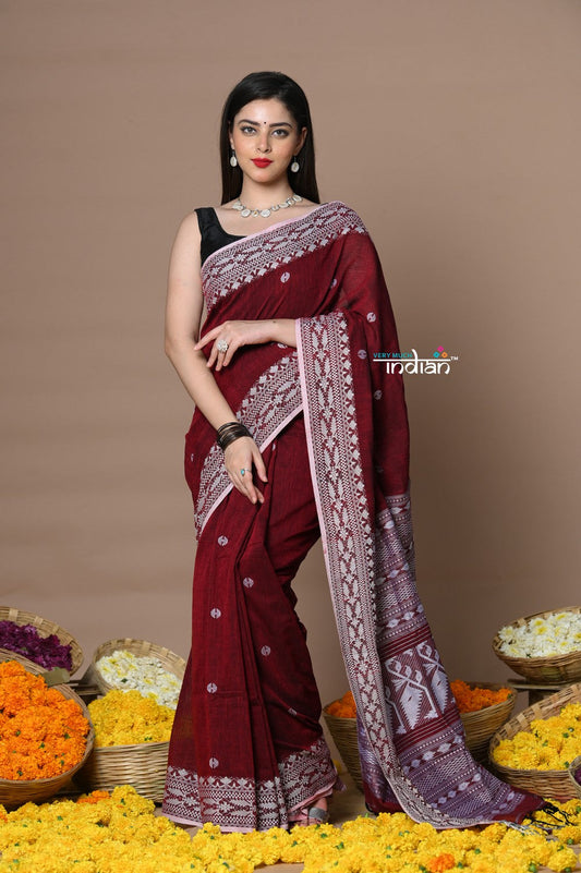 Very Much Indian Rajsi - Handloom Pure Cotton Saree with Hand-embroidered Symmetric Border - Maroon | Swadesiicart