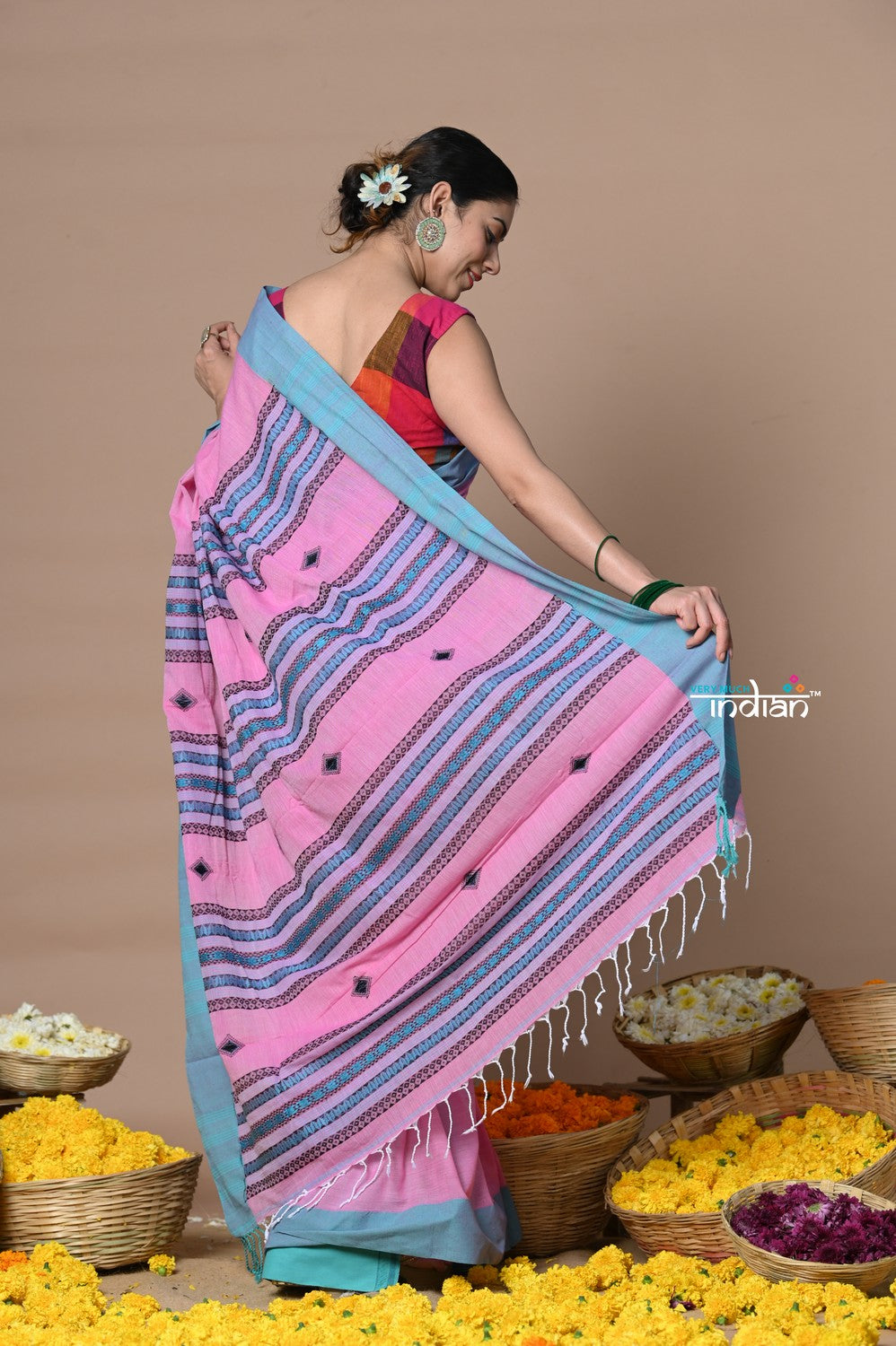 Very Much Indian Rajsi - Handloom Pure Cotton Saree with Classic Border and Pallu - Pink | Swadesiicart
