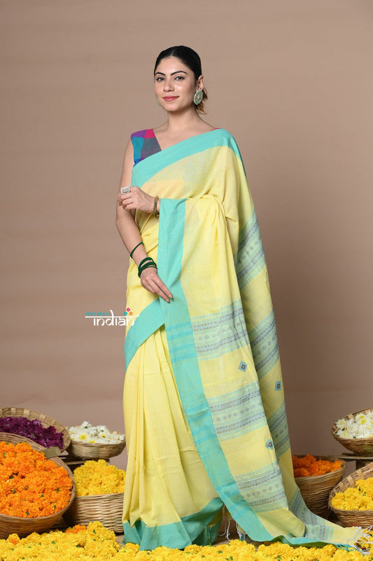 Very Much Indian Rajsi - Handloom Pure Cotton Saree with Classic Border and Pallu - Yellow | Swadesiicart
