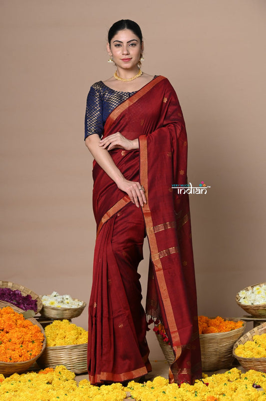 Very Much Indian Designed by VMI - High Quality Mul Cotton Handloom Woven with Sleek Border and Flower Buttis - Maroon | Swadesiicart