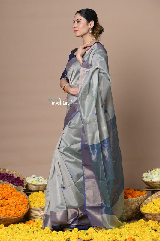 Very Much Indian Rajsi - Handloom Cotton Silk Saree with Golden Border - Grey | Swadesiicart